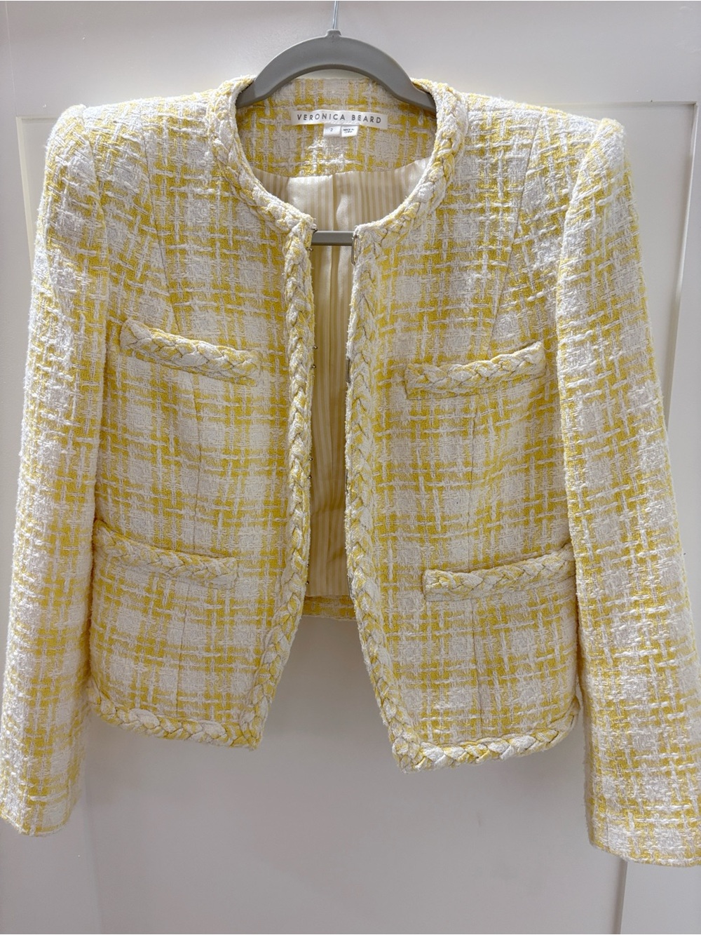 Veronica Beard Bryne Yellow White Plaid Tweed Braided Trim Crop Jacket